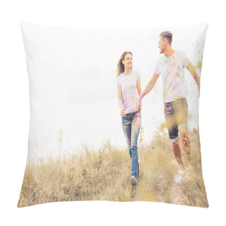 Personality  Attractive Woman And Handsome Man Smiling And Holding Hands  Pillow Covers