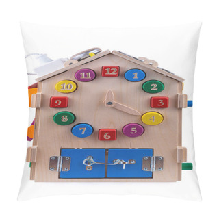Personality  Wooden  Busy Board House - Educational Toy For Children, Babies On A White Isolated Background, Consisting Of Multi-colored Wooden Puzzle Pieces, Maze, Gear, Sorter, Switches,  Socket, Lamp, Wooden Clock Pillow Covers