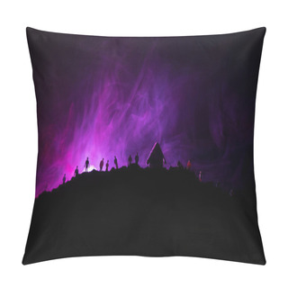 Personality  Scary View Crowd Of Zombies On Hill With Spooky Cloudy Sky With Fog And Rising Full Moon. Silhouette Group Of Zombie Walking Under Full Moon. Pillow Covers