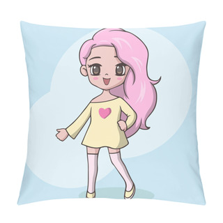 Personality  Cute Little Girl With Pink Long Hair Posing Pillow Covers
