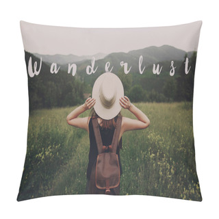 Personality   Hipster Traveler Woman Holding Hat Pillow Covers