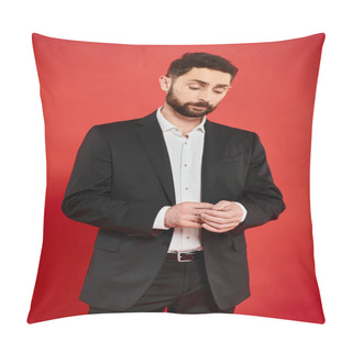 Personality  Pensive Bearded Businessman In Black Elegant Suit Standing And Thinking On Red Backdrop In Studio Pillow Covers
