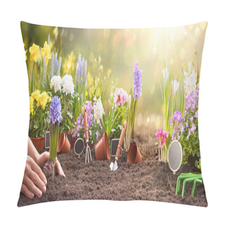 Personality  Garden Flowers, Plants And Tools On A Sunny Background. Spring Gardening Works Concept Pillow Covers
