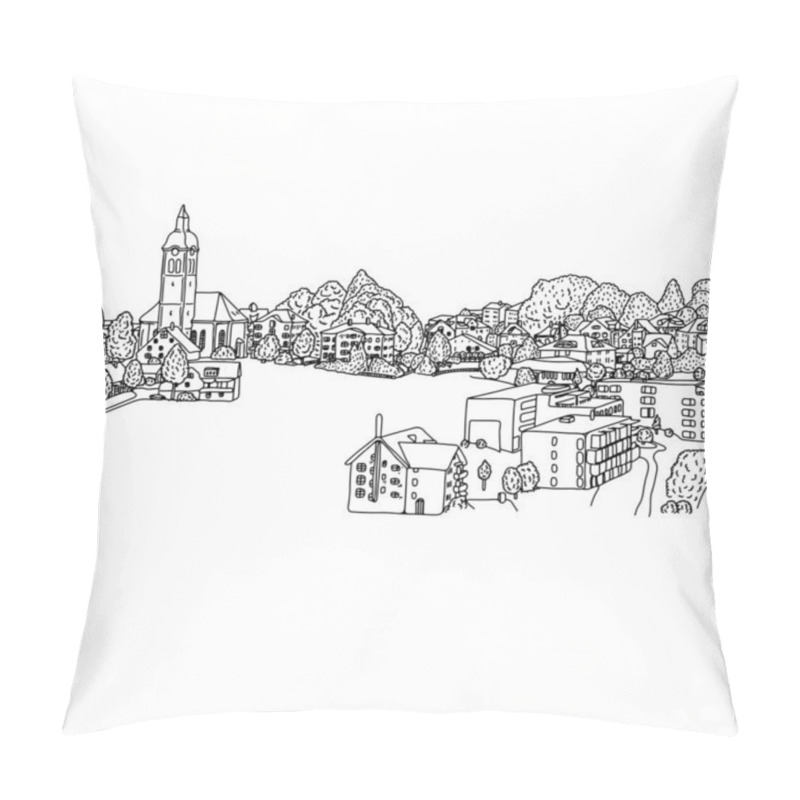 Personality  small village in europe vector illustration sketch doodle hand drawn with black lines isolated on white background. Copyspace. pillow covers