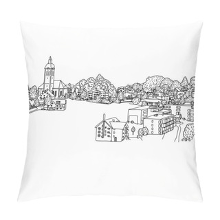Personality  Small Village In Europe Vector Illustration Sketch Doodle Hand Drawn With Black Lines Isolated On White Background. Copyspace. Pillow Covers