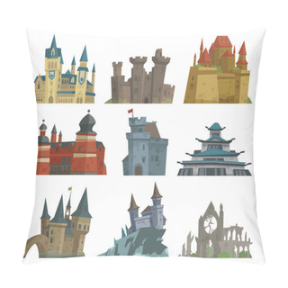 Personality  Cartoon Fairy Tale Castle Key-stone Palace Tower Icon Scarry Knight Medieval Architecture Building Vector Illustration. Pillow Covers