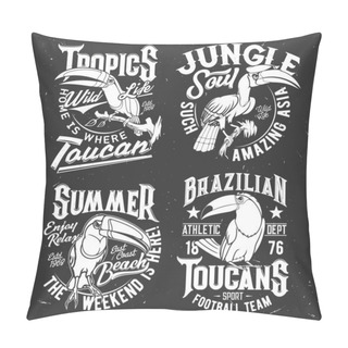 Personality  Toucan Bird T-shirt Retro Print Template. Football Sport Team, Tropical Wildlife And Summer Leisure Apparel Custom Vector Print With Animal Mascot, Great And Rhinoceros Toucans, Grungy Typography Pillow Covers