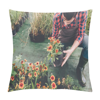 Personality Gardener Checking Flower In Garden Pillow Covers