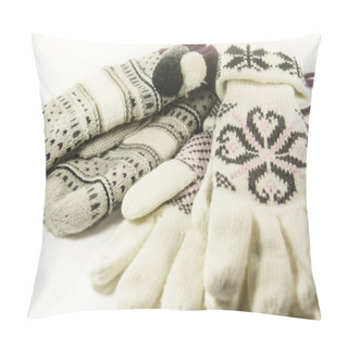 Personality  Natural Woolen Gloves And Mittens Isolated On White Background. Pillow Covers