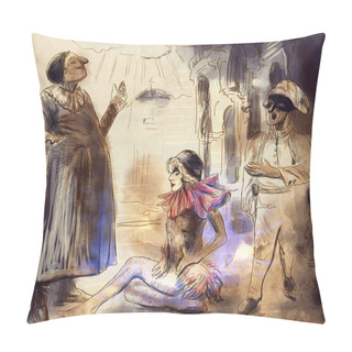Personality  Commedia Dell' Arte. An Hand Painted Illustration, Colored Line Art. Digital Painting Technique. Pillow Covers