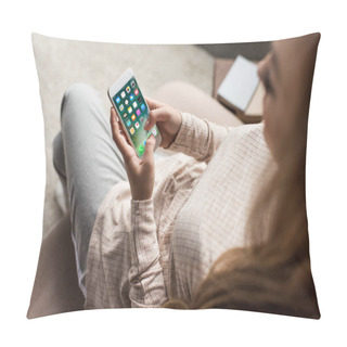 Personality  Cropped Shot Of Woman On Couch Using Smartphone With Ios Apps On Screen Pillow Covers