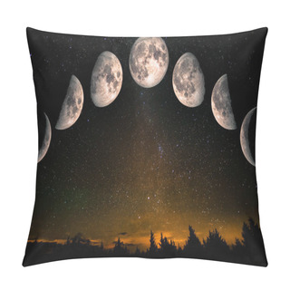 Personality  Phases Of The Moon: Waxing Crescent, First Quarter, Waxing Gibbous, Full Moon, Waning Gibbous, Third Guarter, Waning Crescent. Forest Landscape With Stars. The Elements Of This Image Furnished By NASA Pillow Covers