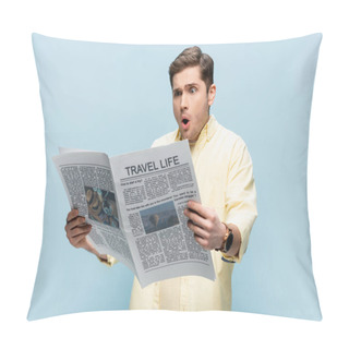 Personality  Shocked Young Man In Shirt Reading Travel Newspaper Isolated On Blue Pillow Covers