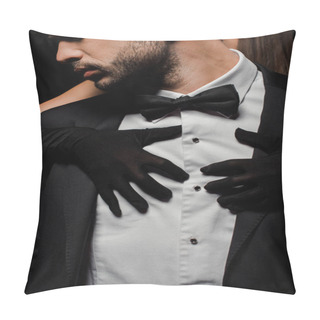 Personality  Young Woman In Gloves Hugging Man In Suit Isolated On Black  Pillow Covers