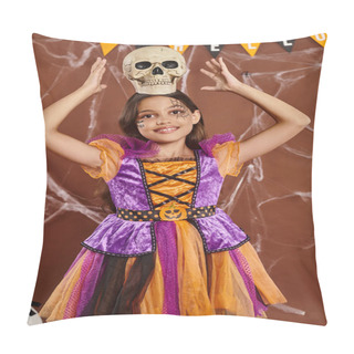 Personality  Positive Girl In Halloween Costume Standing With Skull On Head On Brown Background, Spooky Season Pillow Covers