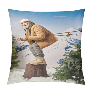 Personality  Santa With White Beard Squatting On Tree Stump With Ski Poles Smiling At Camera, Winter Concept Pillow Covers