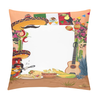 Personality  Viva Mexico Or Cinco De Mayo Mexican Holiday Vector Blank Signboard. Fiesta Food, Sombrero Hat, Chilli Pepper Character And Maracas, Mexico Flag, Cactuses, Burritos And Guacamole, Greeting Card Design Pillow Covers