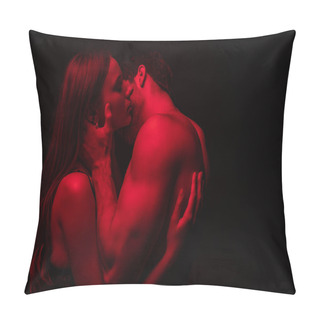 Personality  Side View Of Passionate Undressed Sexy Young Couple Kissing In Red Light Isolated On Black Pillow Covers