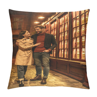 Personality  Happy Girl Looking At Handsome Boyfriend Whlie Standing Near Shop Window At Night Pillow Covers
