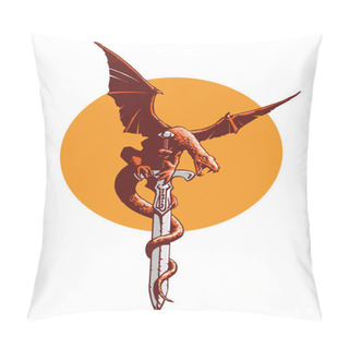 Personality  Fantasy Dragon With Wings Spread On A Sword - Vector Illustration (original Artwork) Pillow Covers