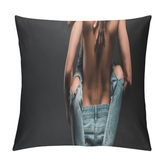 Personality  Panoramic Shot Of Muscular Man Holding In Arms Girl In Jeans On Black  Pillow Covers