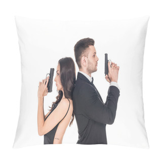 Personality  Attractive Couple Of Secret Agents In Black Clothes Posing With Weapon, Isolated On White Pillow Covers