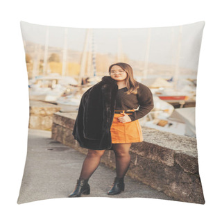 Personality  Outdoor Portrait Of Asian Plus Size Model, Holding Black Faux Fur Coat, Posing Next To Lake Pillow Covers