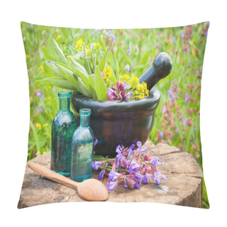 Personality  Black Mortar With Healing Herbs And Sage, Glass Bottle Of Oil Pillow Covers