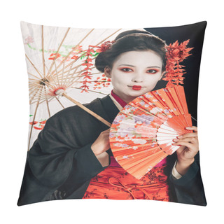 Personality  Smiling Beautiful Geisha In Black Kimono With Red Flowers In Hair Holding Traditional Asian Umbrella And Hand Fan Isolated On Black Pillow Covers