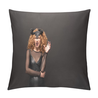 Personality  Scary Woman Posing In Halloween Costume With Horns On Black  Pillow Covers