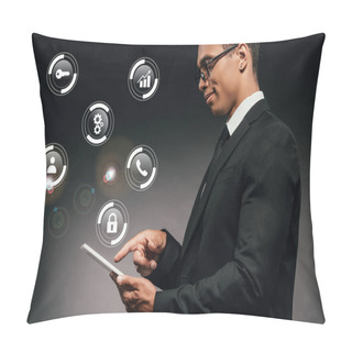 Personality  Side View Of Smiling African American Businessman Using Digital Tablet On Dark Background With Digital Icons Illustration Pillow Covers