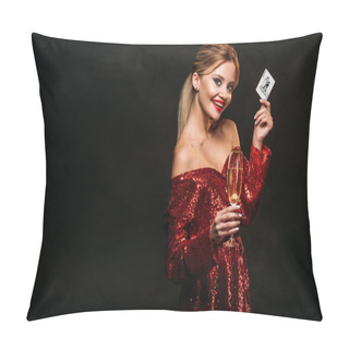 Personality  Happy Attractive Girl In Red Shiny Dress Holding Joker Card And Glass Of Champagne Isolated On Black, Looking At Camera Pillow Covers
