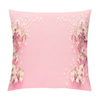 Personality  Photo Of Spring White Cherry Blossom Tree On Pastel Pink Wooden Background. View From Above, Flat Lay Pillow Covers