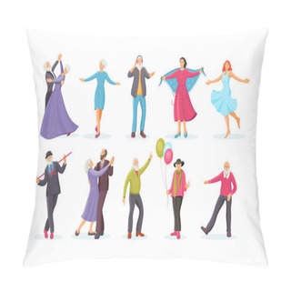 Personality  Old Dancing People. Elderly Man And Woman Senior Aged Persons Dance. Happy Active Elderly Couple On Music Party Together And Singly. Dancers Grandmother And Grandfather Cartoon Vector Pillow Covers