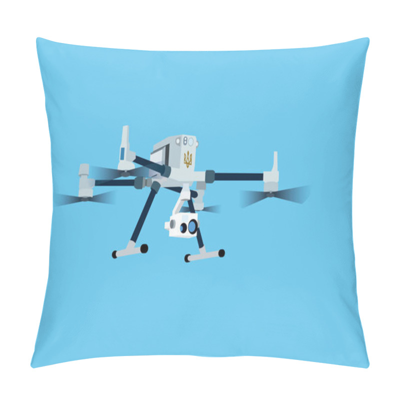 Personality  Illustration Of Cartoon Military Drone With Video Camera And Ukrainian Trident On Blue Background  Pillow Covers