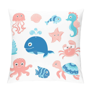Personality  Ocean Set With Cartoon Sea Animals For Baby Shower Scrapbooking And Birthday Designs Pillow Covers