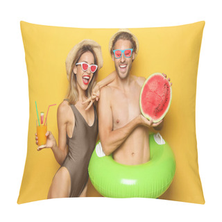 Personality  Happy Young Couple In Beachwear On Pink Background. Fruit Sunglasses As Summer Trend Pillow Covers