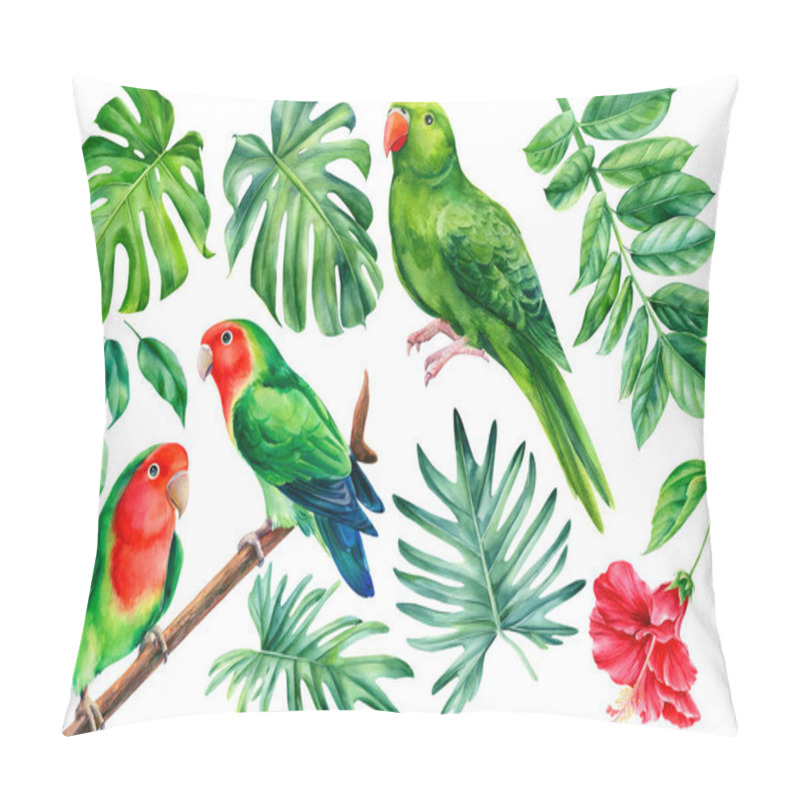 Personality  Parrots And Tropical Plants. Monstera Leaves, Hibiscus Flower, Hand Drawing, Watercolor Botanical Painting Pillow Covers