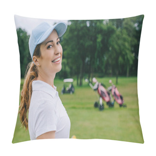 Personality  Side View Of Smiling Woman In Polo And Cap Looking At Camera At Golf Course Pillow Covers