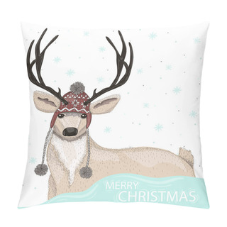 Personality  Cute Deer With Hat Winter Background Pillow Covers