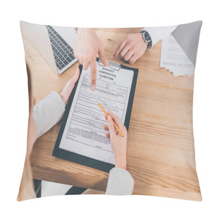 Personality  Cropped View Of Businessman Pointing With Finger At Compensation Claim Form While Woman Holding Pencil And Clipboard Pillow Covers