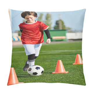Personality  A Young Boy Demonstrating His Soccer Skills By Kicking A Soccer Ball Around Orange Cones On A Field. His Precise Footwork And Agility Are Evident As He Navigates Through The Obstacles With Ease. Pillow Covers