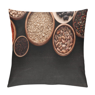Personality  Top View Of Raw Beans, Cereals And Spice In Bowls On Dark Wooden Surface With Copy Space Pillow Covers