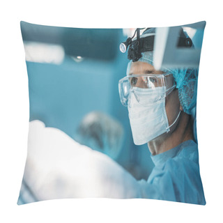 Personality  Handsome Surgeon In Medical Mask And Glasses Looking Away Pillow Covers