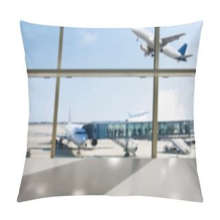 Personality  Empty Airport Terminal Hall With An Airplane In The Background. Blurred Background. Pillow Covers