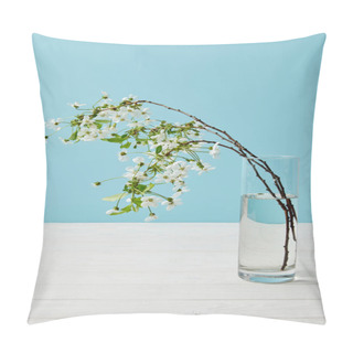 Personality  Close-up Shot Of Branches Of Beautiful Cherry Flowers In Glass Isolated On Blue Pillow Covers