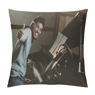 Personality  Happy Young Piano Player Showing Thumb Up Pillow Covers