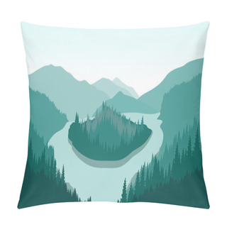 Personality  Beautiful Mountain Landscape With Green Island On A Mountain River. Pillow Covers