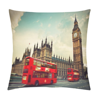 Personality  London, The UK. Red Bus In Motion And Big Ben Pillow Covers