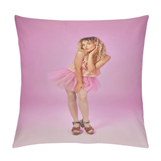 Personality  Cheerful Dreamy Blonde Woman Posing In Pink Tooth Fairy Costume On Pink Backdrop With Hand To Cheek Pillow Covers